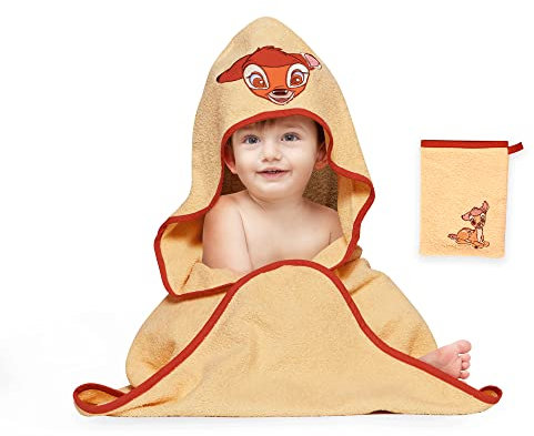 Disney Home Bambi Baby-Kapuzenhandtuch-Set bis 5 Jahre Weich & Saugfähig Oeko-Tex Zertifiziert, 2-teilig, Kapuzenhandtuch 80 x 80 cm, Waschlappen 15 x 20 cm