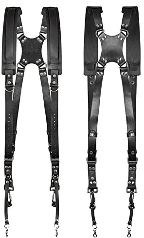 iEFiEL Leder Kameragurt für Zwei-Kameras Verstellbarer Kamera Schultergurt Ersatz Leder Schulter Strap Gürtel mit Metall-Karabinerhaken Kamerazubehör für DSLR Schwarz Einheitsgröße