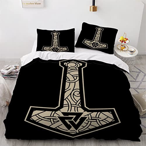 Bettwäsche-Sets Thors Hammer Bettbezug 135x200 Wikinger Bettwäsche 3D Druck kuschelig Hypoallergen Mikrofaser Bettbezüge mit Reißverschluss Und 2 Kissenbezug 80x80cm