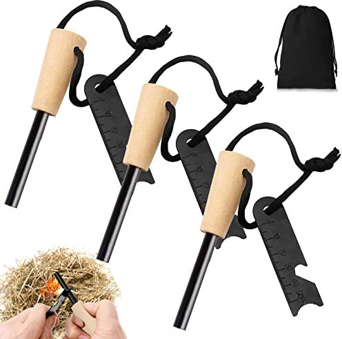 Pietra Focaia Kit - Accendino Campeggio,3 Pezzi Accendino di Sopravvivenza con Manico in Legno Lavorato a Mano,Spruzzi di Scintille da 10.000 Raschietto Multiutensile per Campeggio Trekking Outdoor