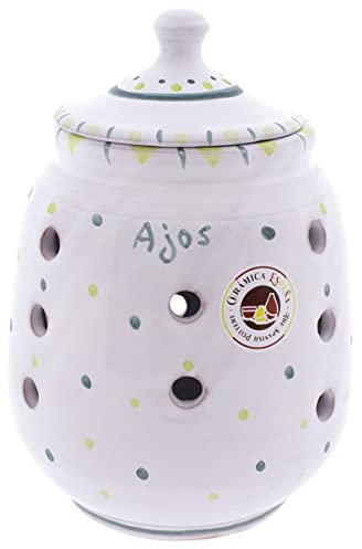 CERÁMICA ESPAÑA | Tarro para ajos | Ajero | Tarros de cocina | Recipiente para ajos | Tarros originales - Modelo M02 | 100% Hecho a mano | 13x13x20 cm