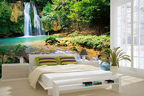 Vlies Fototapete WASSERFALL IM WALD 375 x 250 cm (inkl. Kleister) - Vlies Tapete, Wandtapete, Wandbilder - Tapete für Wohnzimmer Schlafzimmer, Büro, Küche - Montagefertig