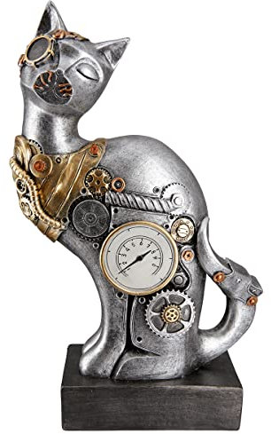 Casablanca Deko Tier Figur Skulptur Katze - Steampunk Design - Deko Wohnzimmer Geschenk Geburtstagsgeschenk - Farben: Silber Kupfer - Höhe 30 cm