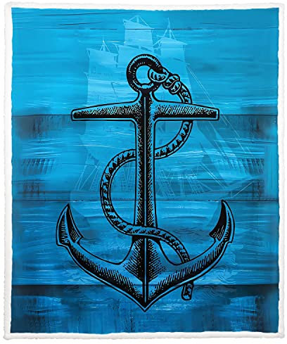 Zomer Sherpa Decke 125 x 150 cm Kuscheldecke Flauschige Wohndecken Mikrofaser Superweiche warme für Winter Fleece Couchdecke/Sofadecke TV-Decke mit Anker Blau Motiv