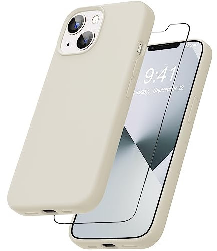 YATWIN Liquid Silicone Case Compatible for iPhone 13 with Tempered Glass Screen Protector, Slim Flexible Soft Full Body Shockproof Phone Case Compatible for iPhone 13 - Antique White