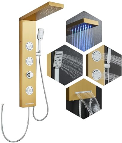 ROVOGO Gold Duschpaneel ohne Armatur, LED Duschsäule mit 4 Funktionen, Regendusche, Massagedusche, Handbrause und Wanneneinlauf für Badezimmer Dusche, Duschsäule Edelstahl, Regendusche ohne Armatur