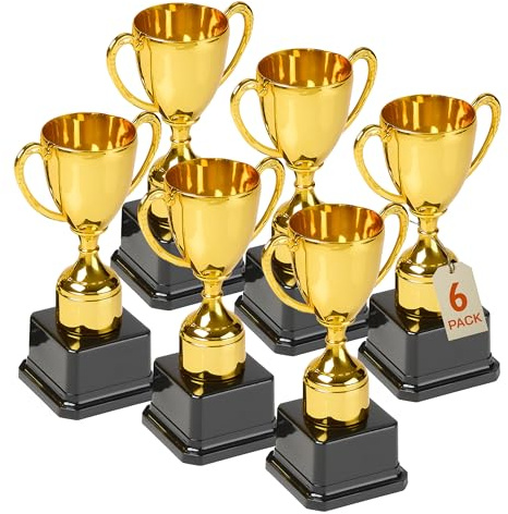 Playbees Fun Gold Plastic Trophies - 6 Pack - 7 Inch - Award Trophy Cup Set for Superstar Kids - Champion Celebrations, Sports Galore, and Victory Vibes - Desktop Toy