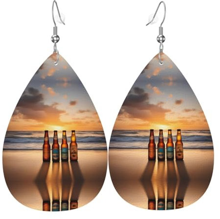 Modische Ohrringe in Tropfenform für Bier, Strand, Sonnenuntergang, Zeitmuster, stilvoll und schön, leicht, baumelnd für Frauen und Mädchen, Einheitsgröße, Leder