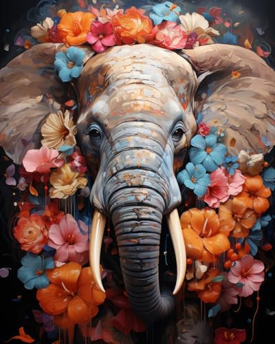 TISHIRON Malen nach Zahlen Erwachsene Anfänger Der Elefant mit Blumen Digitale Malerei Malen nach Zahlen Kits für Erwachsene Kinder Malerei Kunsthandwerk 16x20inch