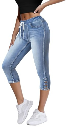 Onsoyours Pantacourt Femme Été Jean Capri Confort Stretch 3/4 Pantalon Taille Haute Décontracté Jeggings en Denim Pants Capri Pantacourt