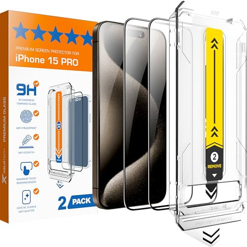 XeloTech Premium-Schutzglas für iPhone 15 Pro - Neue Antistaub-Schablone mit automatischer Ausrichtung, 2 Gläser - Extra Hart härter als 9H