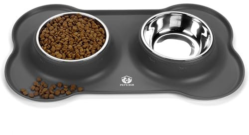 PET'S HUB Pet Feeding Bowl Set, Double Bowls with Silicone Mat Tray for Cats, Puppies, and Small Dogs. (Grey, Large)