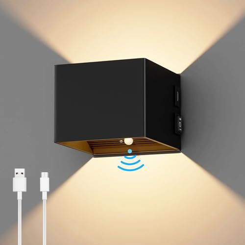 OurLeeme Lampada da parete con batteria - Lampada da parete LED per interni con sensore di movimento e interruttore, luce per scale ricaricabile, illuminazione da parete in nero (luce calda)