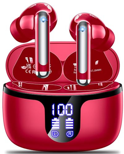Wireless Earbuds,Wireless Headphones Bluetooth 5.3 Earphones with 4 HD Mic,2024 NEW 50H Bluetooth Earphones in Ear,HiFi Stereo Deep Bass,ENC Noise Cancelling Ear buds IP7 Waterproof LED Display Red