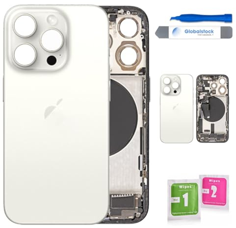 Globalstock Vitre Arrière Blanc Titane Compatible avec iPhone 15 Pro – Cache Batterie avec Support + NFC + Adhésif Préinstallé + Kit Outils de Remplacement