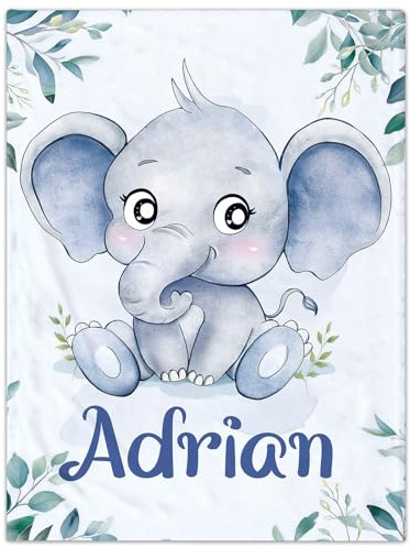 Jodimitty Personalisierte Babydecke mit Namen Elefant Grau Flanell Fleece Tiermuster Wurfdecke Baby Decke für Bett Sofa Reise Nickerchen, 100/120/150/200cm