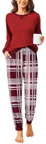 Ekouaer Damen Schlafanzug Lang Zweiteiliger Schlafanzug Winter Pyjama Set Rundhals Langarm Pyjama Set rot L