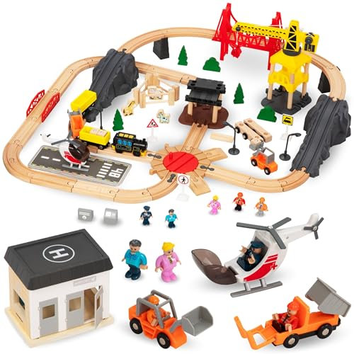 Mamabrum Holzeisenbahn Batteriezug Set - Stadt mit Flugterminal, Kran, Züge, Figuren, Spuren & Leuchtsignale - Magnetisches Spielset für Kinder (48 Teile)