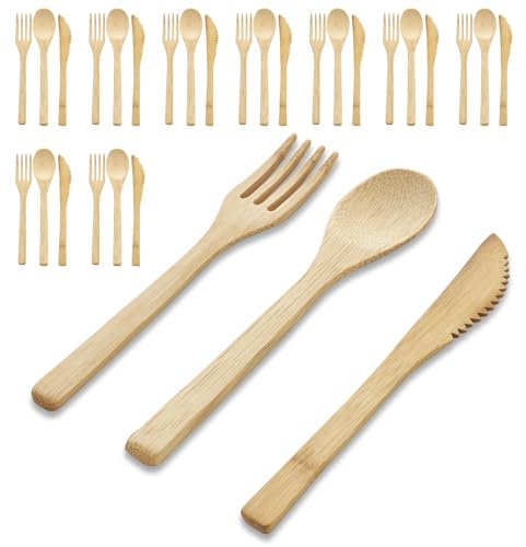 Wuhonghao Set di posate in bambù, 30 pezzi, 10 cucchiai in bambù, forchetta, in legno, riutilizzabili, stoviglie in bambù usa e getta, posate in legno smontabili, posate da festa