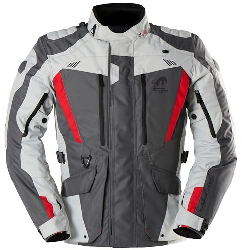 Furygan Apalaches Evo – Veste Moto Homme Toutes Saisons – Imperméable, Respirante – Protections D3O – Doublure Thermique Amovible – 12 Poches, Gris-Perle-Rouge, XL