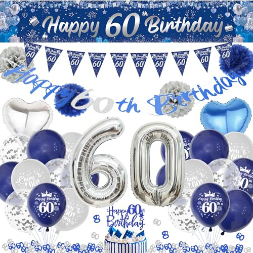 Deko 60. Geburtstag Mann Blau Silber - 60 Jahre Geburtstagsdeko Luftballons Happy Birthday Girlande Tortendeko, Lange Banner und Papier Pompom zum 60. Geburtstagsfeier Dekoration
