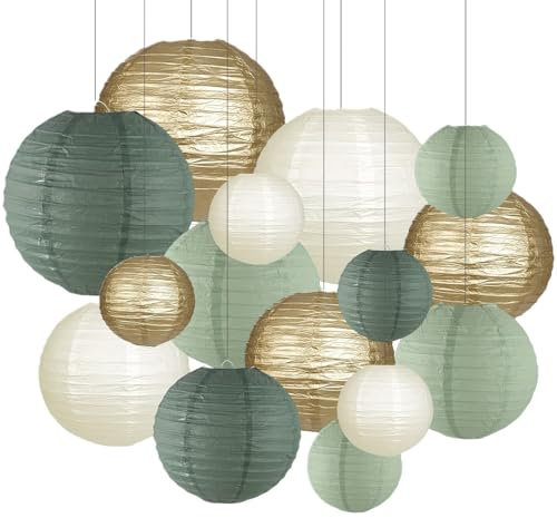 12 Stück Salbei Grün Cream und Gold Papier Lampions, Salbeigrün Papier Laterne, Classic Gerippter Papier LaterneWiederverwendbar Runde Papierlaterne für Braut Hochzeitsdekorationen Geburtstagsfeier