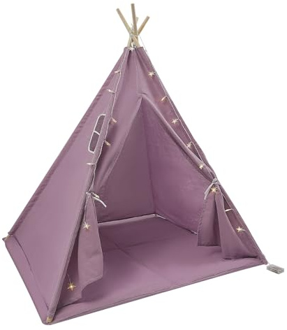 Kinderzelt mit Türen & Fenster, Spielzelt für 1-3 Kinder, inkl Matte & Lichterkette, Faltbares Tipi Zelt aus Baumwolle & Leinen mit Holzstangen für Indoor & Outdoor 120 * 120 * 140cm (Lila)