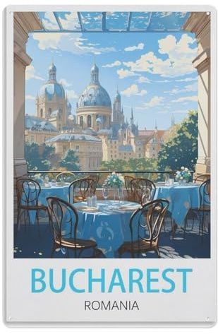 XJUfW Kunstwand，Blechschild aus Metall,Plakette für Club,Café,Bar,Zuhause,Küche,Wanddekoration,Bukarest Rumänien20x30cm (8x12 Zoll) AA-1273