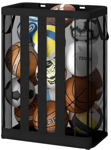 STO STO Ball Storage Basket, Wall-Mounted or Freestanding Garage Ball Organizer Holder, Holds up to 15 Balls, Sports Equipment Organizer with Elastic Front Access for Garage, Gym, Playroom, Black
