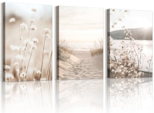 WENGTIAO 3 Stück Boho Beige Landschaft Leinwand Bilder Kunstdrucke Gerahmt | Minimalistische Blumen Strand Küsten Gemälde auf Leinwand, Wandbilder für Modern Wanddeko Wohnzimmer Schlafzimmer 30x40cmx3