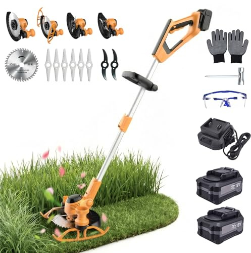 Cordless Grass Trimmer with Wheels, 4000mAh Battery & Charger, 30cm Cutting Width, 3 Types 9 Blades, Lightweight Telescopic Strimmer, Lawn Edger & Brush Cutter (black+yellow)