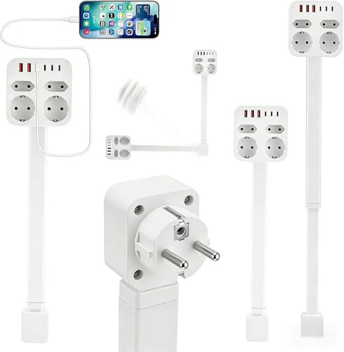 Regleta Extensible y Giratoria con 4 Tomas AC, 3 USB-A/C, Enchufe Extensible Pared46-67 cm, Regleta Rotación 360°, Extensor de Enchufe Protección Sobretensiones 1800J, para Cocina, Oficina y Salón