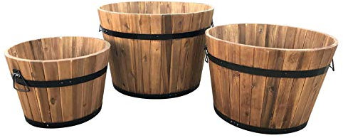 Maceta de jardín de madera – juego de 3 madera mitad Whisky barril macetero, macetas. Pequeña/Mediana/Grande Pantalla de flores ollas