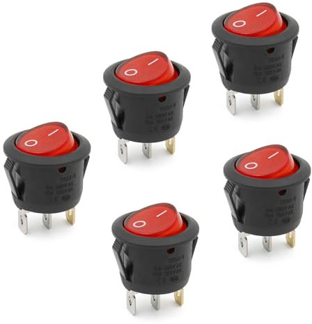 Heschen Interruptor basculante redondo de encendido y apagado SPST 3 terminales 24 V luz roja 6 A 250 VAC 5 unidades