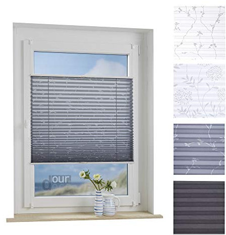 ourdeco® Plissee / 40 x 130 cm Grau, bedrucktes Blumenmotiv Ranke/lichtdurchlässig, Blickdicht/Farbe: Grau Ranke/Klemmen=Montage ohne Bohren=Smartfix=Klemmfix-Plissee=Easy-to-fix