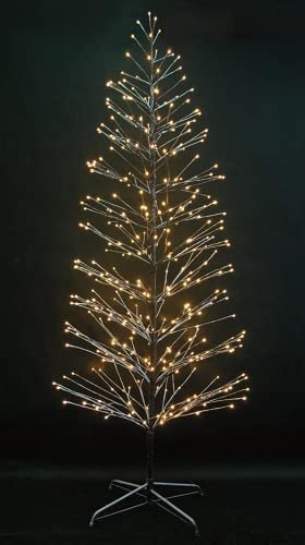 SHATCHI 6Ft/1.8m Pre-Lit Brown Snowy Twig Christmas 296 Wam White Micro LEDs – Mains Operated-Snow Flocked Birch Tree Xmas Home Light Decoration, Metal, 180 cm