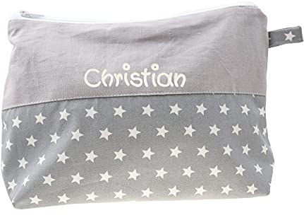 Waschtasche Sterne mit Namen, Kosmetiktäschchen personalisiert, Waschbeutel, Kinderbeutel, Reisebeutel, Kosmetiktasche Kinder (1012_11 grau)