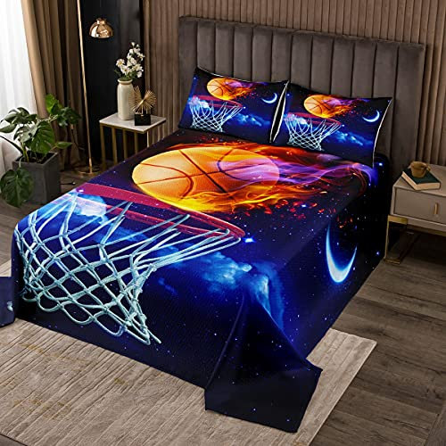 Burning Basketball Tagesdecke 170x210cm Basketballkorb und Mond Dekor Bettdecke Set 2 Stück für Kinder Jungen Teens Sport Thema Steppdecke Blauer Sternenhimmel Bettwäsche Quilt mit 1 Kissenbezug