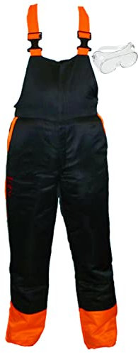 SPARES2GO Chainsaw Safety Bib & Brace Forestry Trousers (Large, 34/38) + Safety Goggles