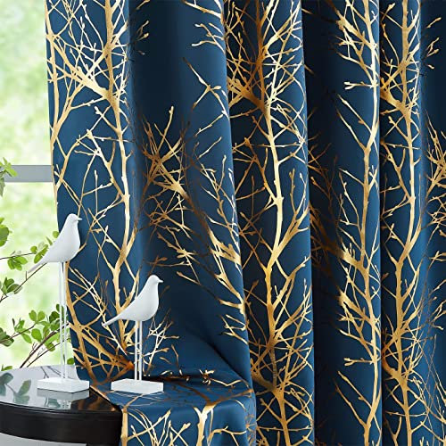 Fmfunctex Navy Gold Blackout Curtains for Living Room 90 inch Drop Eyelet Curtains for Bedroom Tree Branch Foil Thermal Insulated Window Curtain Panels 2 Panels