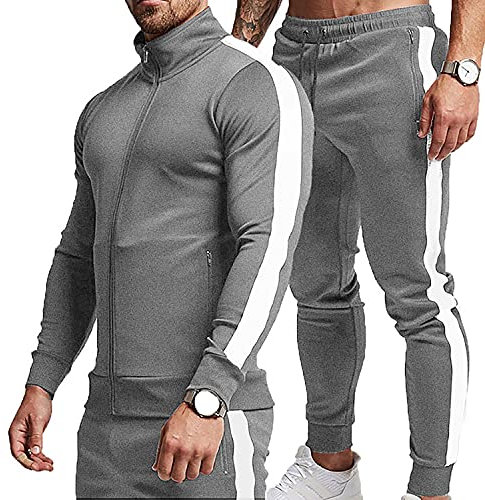 TEZO Herren-Freizeit-Trainingsanzüge mit durchgehendem Reißverschluss, Sport-Jogginganzüge, 2-teilige Trainingsanzüge mit Reißverschlusstaschen, Grau/Weiß, Small