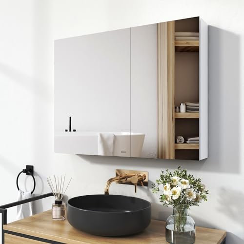EMKE Spiegelschrank Bad, Badezimmer Spiegelschrank mit Spiegel, 85x65cm Badschrank Wandschrank mit höhenverstellbaren Glasablage (Weiß Mattiert)