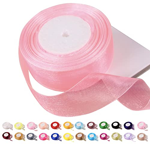 Ruban en Organza Rose Poudré 45 m x 39 mm - Mousseline de Soie Transparente pour Noël, Travaux Manuels, Couronnes, Emballage Cadeau, Mariage
