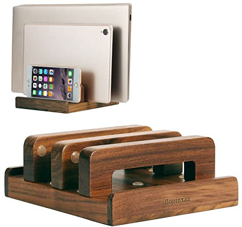 Booinxaa Vertical Laptop Stand Laptop Holder - Adjustable Dock, Dual Laptop Vertical Stand,Compatible with All MacBook Pro Air iPad Surfaces, Upright Laptop Holder for Desk,Handmade,Walnut Wood