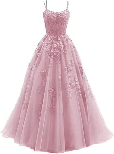 HYEC7 Women's Spaghetti Straps Tulle Prom Dresses Long Lace Appliques Ball Gown Formal Evening Party Gowns Blush Pink