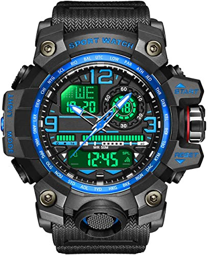 kieyeeno Hombre Relojes Deportivos, Digitales Relojes Militares 50M Impermeable con Luz LED Cuenta Atrás Parada,Hora Dual Relojes Electrónica Plastico Caja y Goma Correa Azul