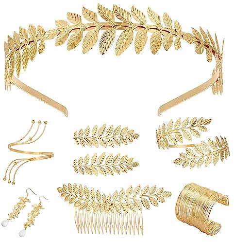 Bocguy 9 Stück Griechische Göttin Kostüm Schmuck Set, Griechische Göttin Goldener Haarschmuck Arm Spule Armband, Blatt Ohrringe Haarkamm, Braut Hochzeits Kopfschmuck