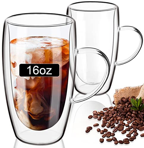 PARACITY Double Walled Glass Mugs 16oz, Latte Glasses Set of 2, Clear Borosilicate Glass Coffee Mugs 470ml, Coffee Glasses with Handle, Perfect for Cappuccino, Latte, Espresso, Hot Beverage, Tea