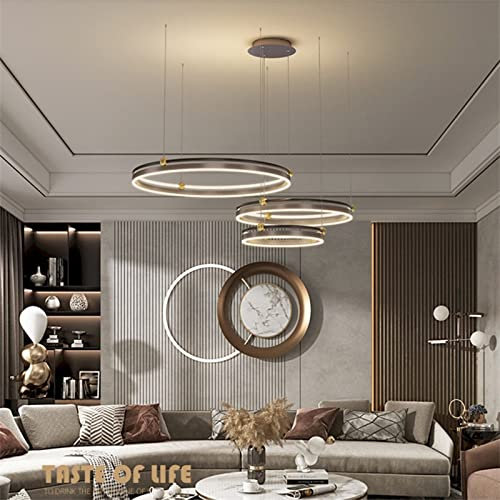 Modern LED Ring Pendelleuchte Dimmbar Wohnzimmerlamp Aluminium Kronleuchter Mit Fernbedienung Schlafzimmer Hängeleuchte Salon Esszimmer Deckenleuchte Metall Acryl Hängelampe,40+60+80 (Kaffee+Schwarz)
