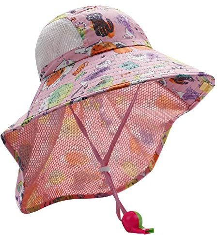 CLAPE Baby Sonnenhut UV-Schutz Eimer Hut 3-10 Jahren Mesh Fischerhut mit Pfeifen Breite Krempe Strandhut Faltbar Nackenschutz Mütze Kinder